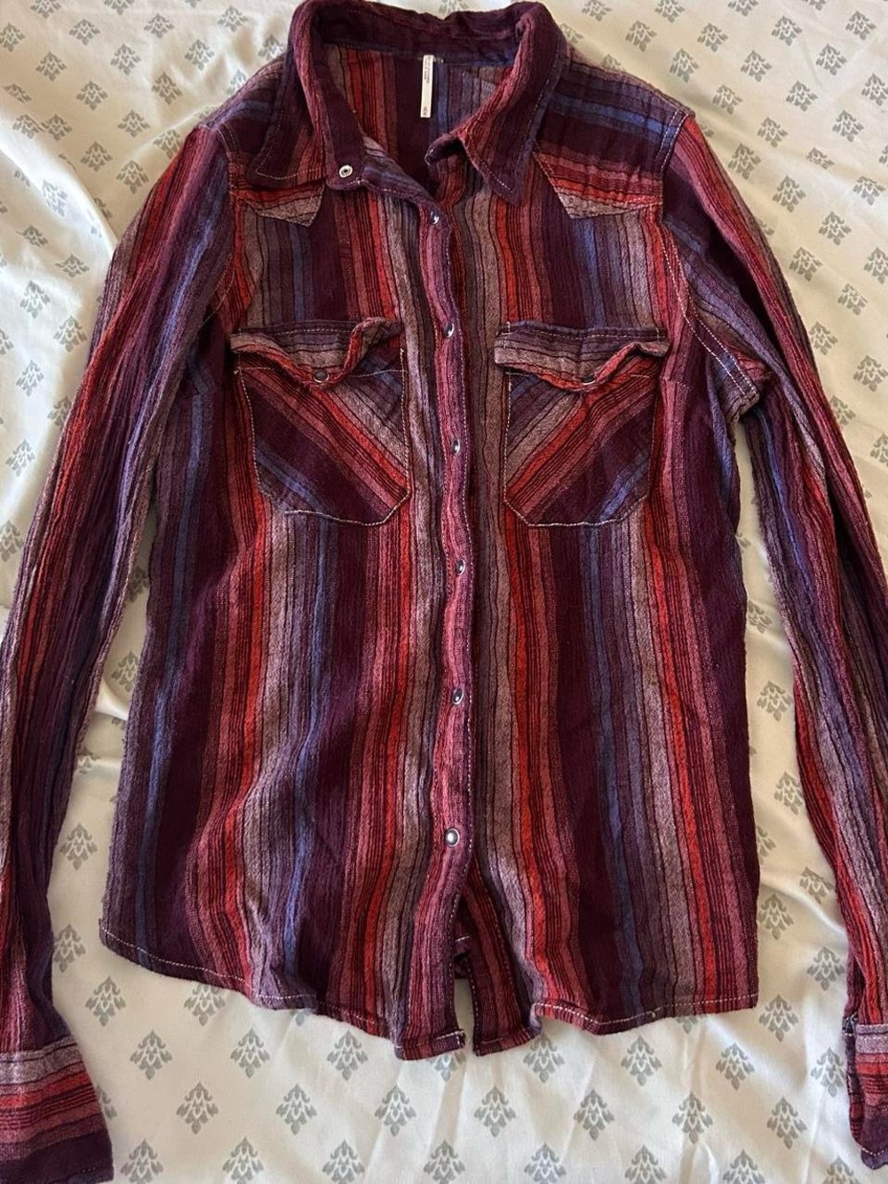 Free People Maroon and Purple Striped Button-Down Shirt